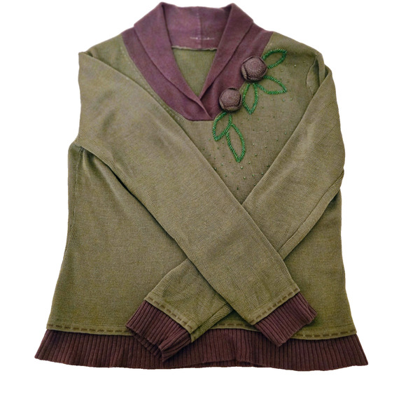 Vintage Flower Beaded Sweater Womens Green Brown M - Picture 2 of 16